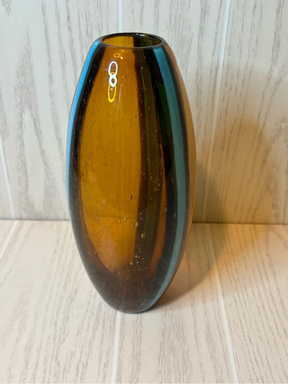 Pier 1 Amber Glass Vase with Blue Stripe Bubble Glass